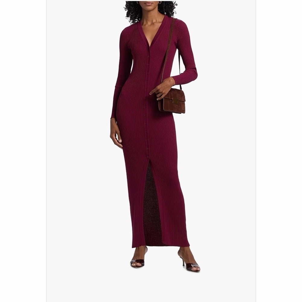 Staud Shoko Rib-Knit Button-Front Maxi Dress in crimson color - Picture 3 of 8